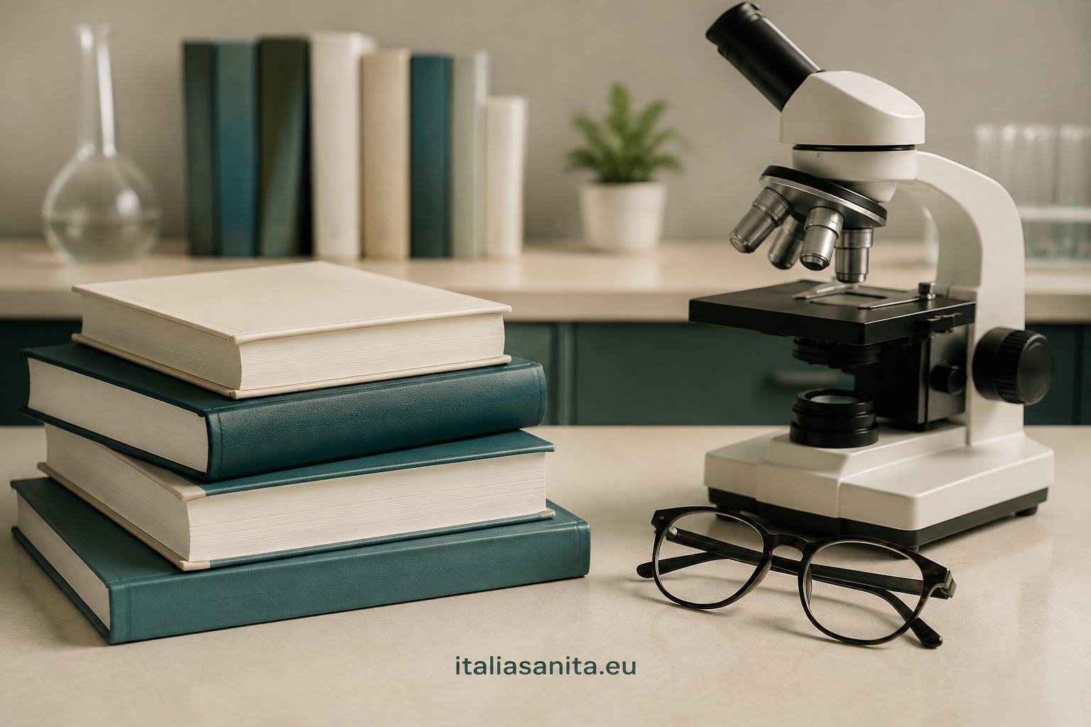 Libri senza titoli e microscopio: fotografia illustrativa, non copertine dei volumi citati